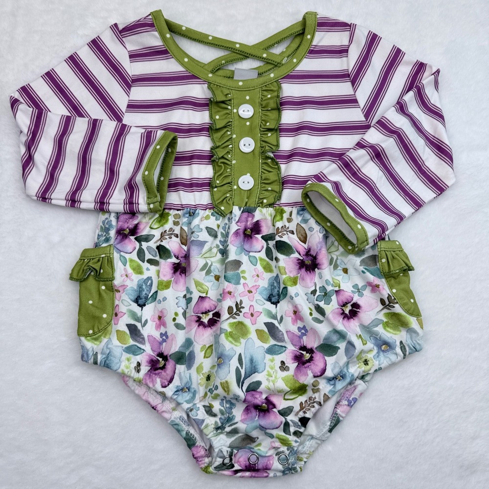 Dash of Glitter Romper Girls 18-24M Purple Green Floral Stripe Ruffle Boho